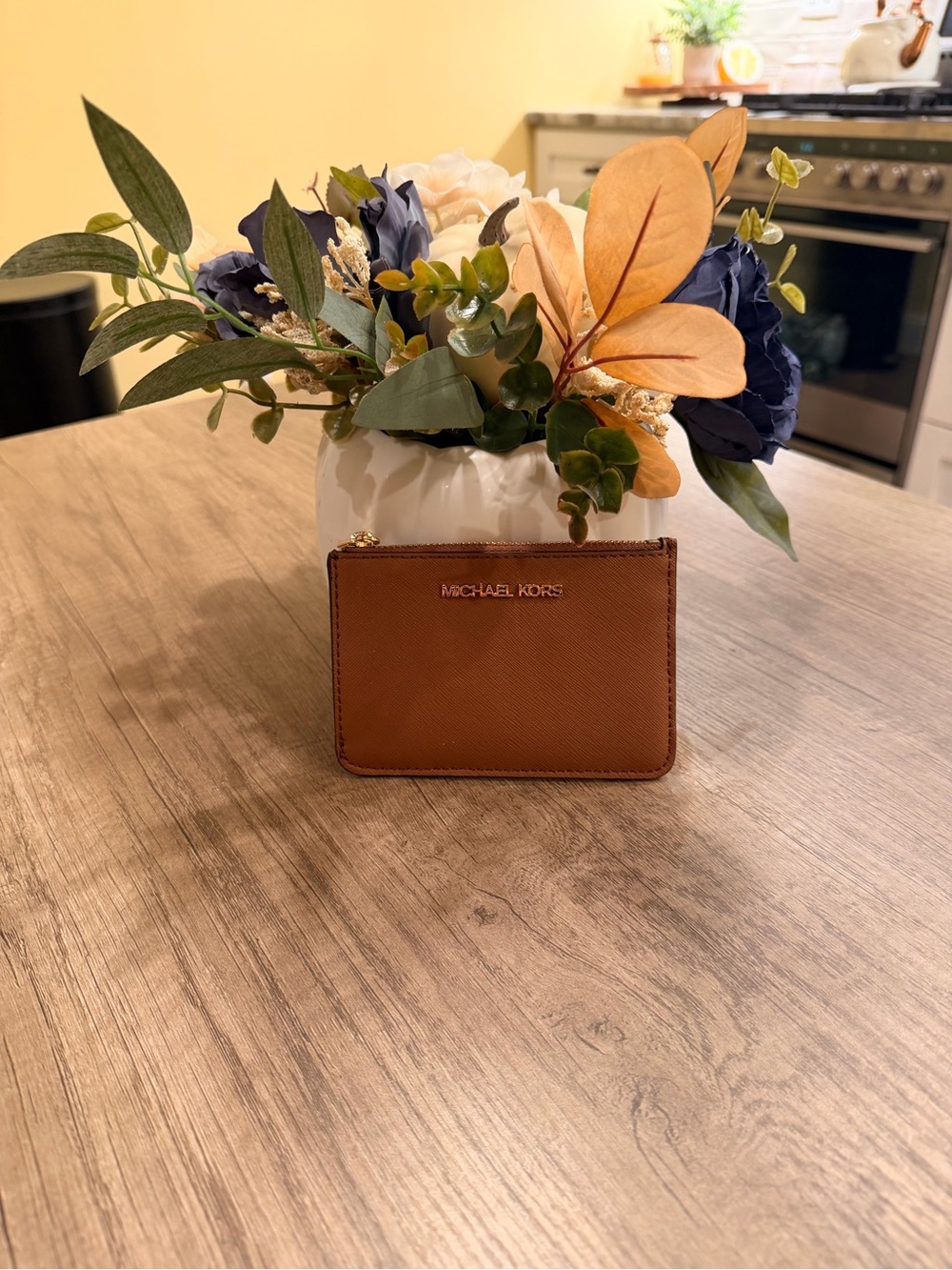 Michael Kors Brown Saffiano Leather Card Holder with Gold Hardware